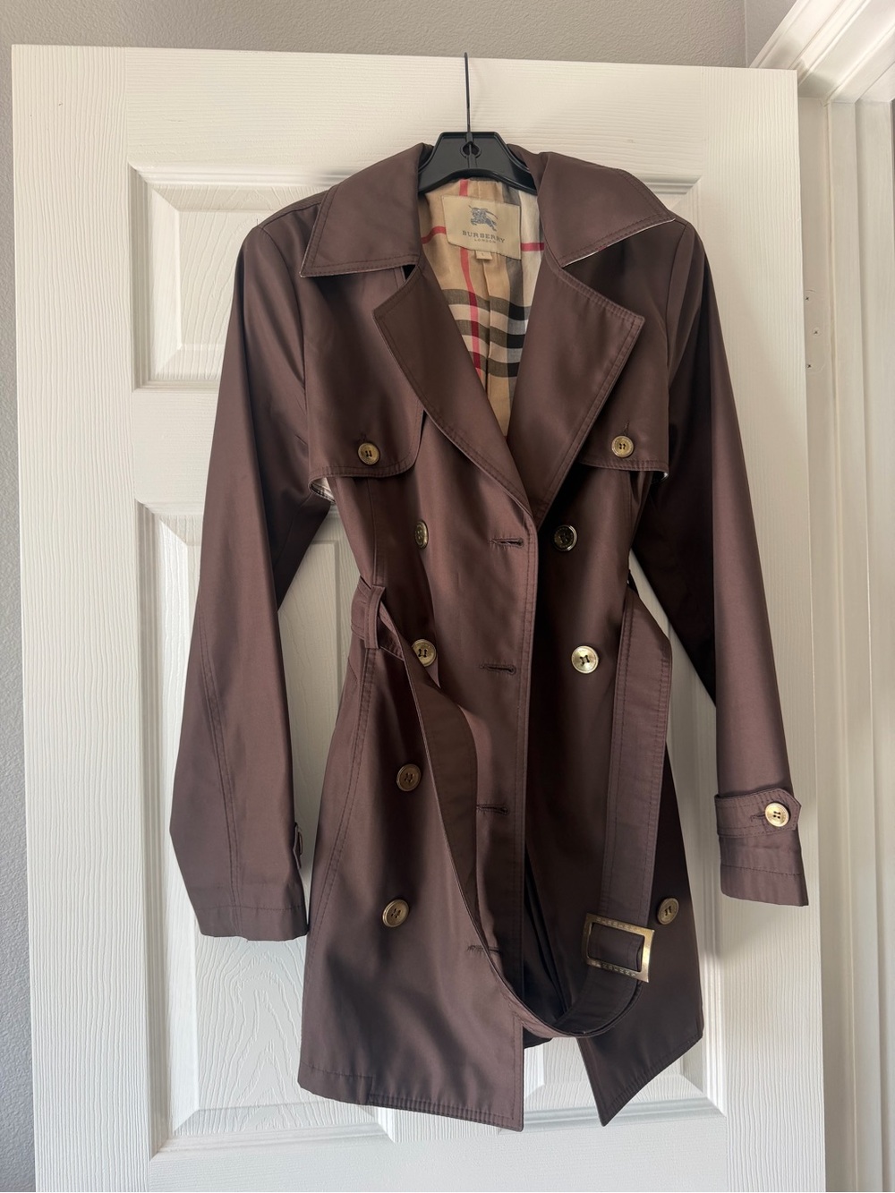 Burberry Dark Brown Double-Breasted Trench Coat with Signature Check Lining